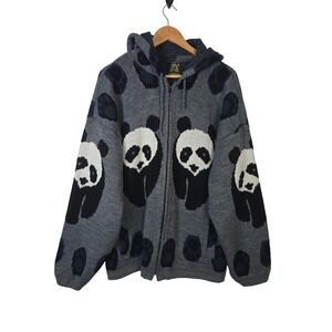 Ruminahui Mens Wool Panda Bear Full Zip Hooded Sweater Gray Ecuador XL